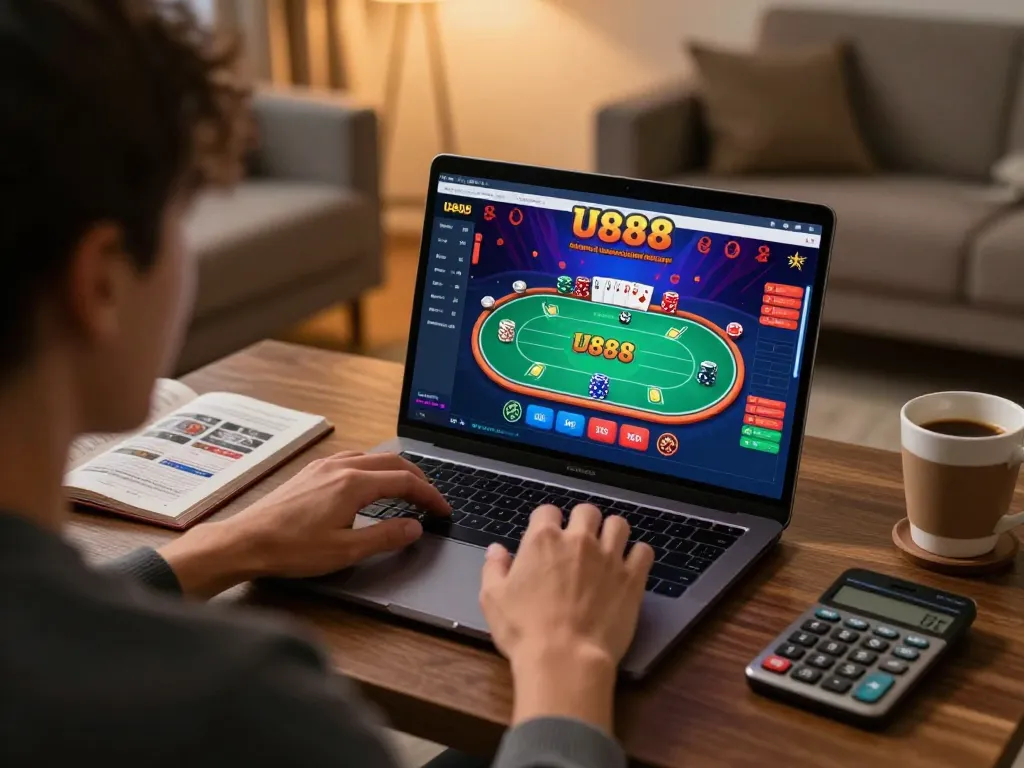 Player enjoying a poker game on U888 with strategy notes and cozy atmosphere in modern living room