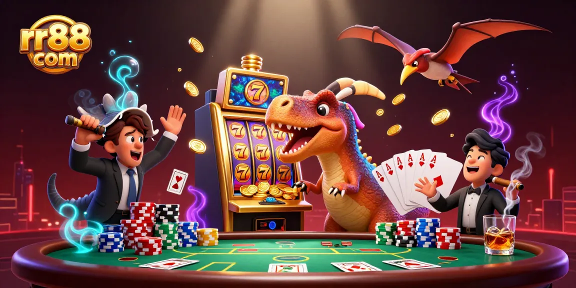 Experience thrilling wins at rr88 com with a pachycephalosaurus powering a jackpot slot machine amidst a dynamic casino scene.