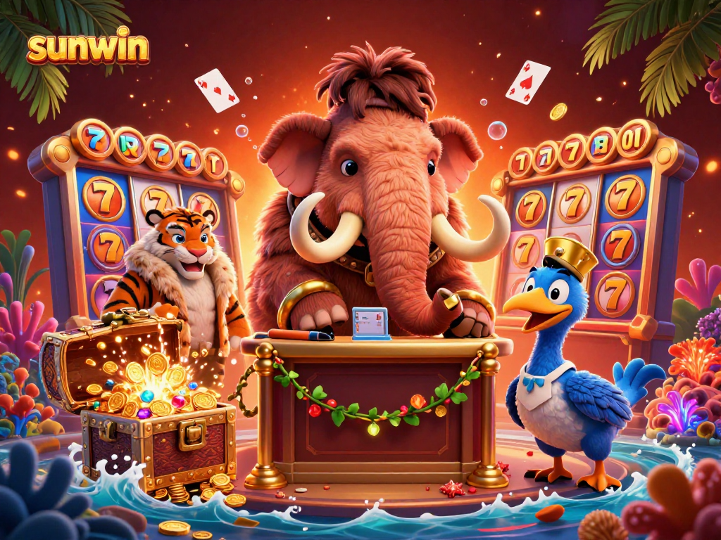 Experience thrilling gaming at sunwin with a vibrant cartoon scene featuring unique casino characters.