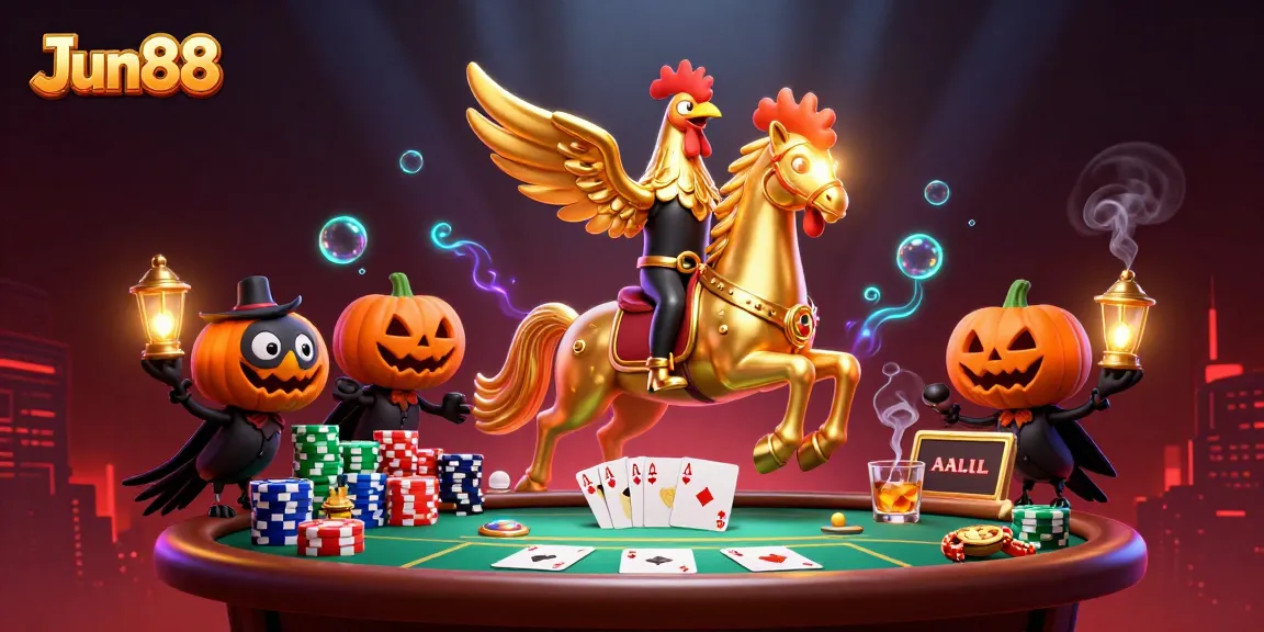 Engage in thrilling gameplay at Jun88 with a vibrant casino scene featuring a golden rooster and poker elements.