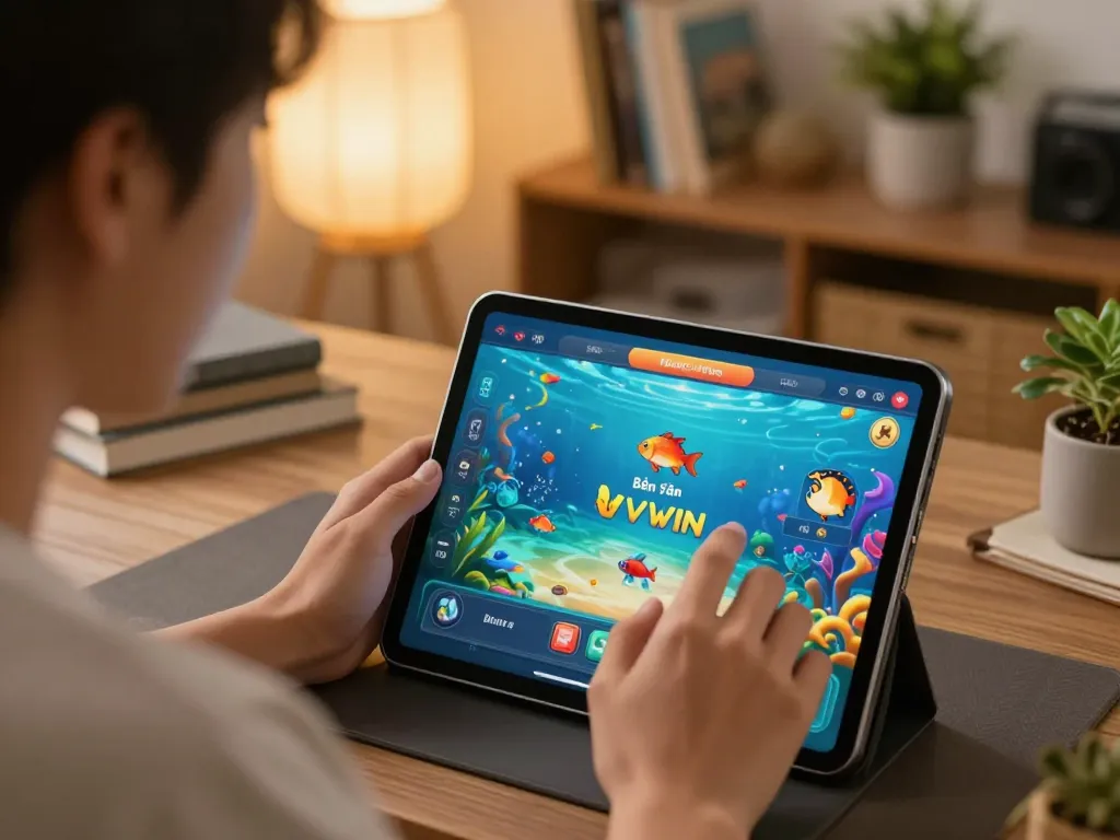 Băng Cá VVVWIN player optimizing gameplay strategy on tablet with ocean graphics.