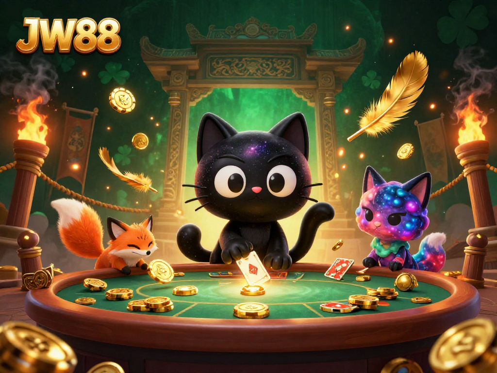 Experience JW88's cosmic casino with a mysterious black hole cat and colorful nebula fox