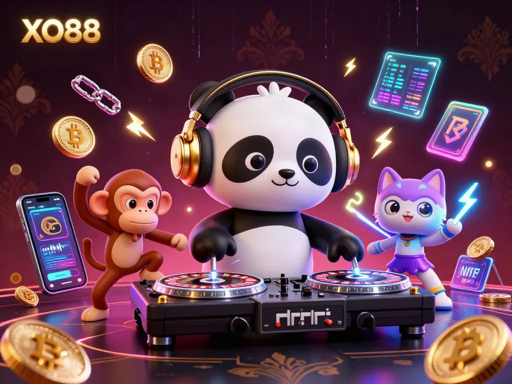 Experience thrilling games with XO88, featuring vibrant 3D characters in a lively casino scene.