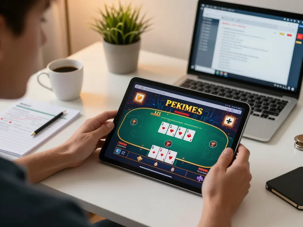 Engaged player exploring BL555 online poker interface on tablet in a cozy home setting.