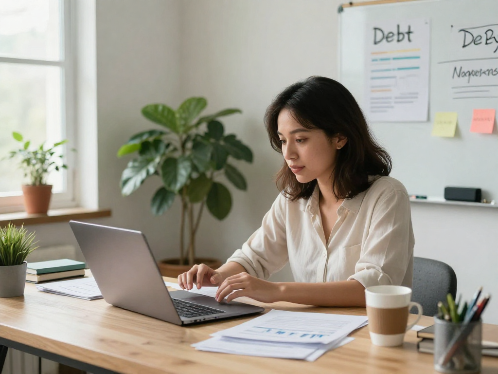 Credit consolidation consultation at https://credit-consolidation.ca in a cozy home office with financial planning elements.