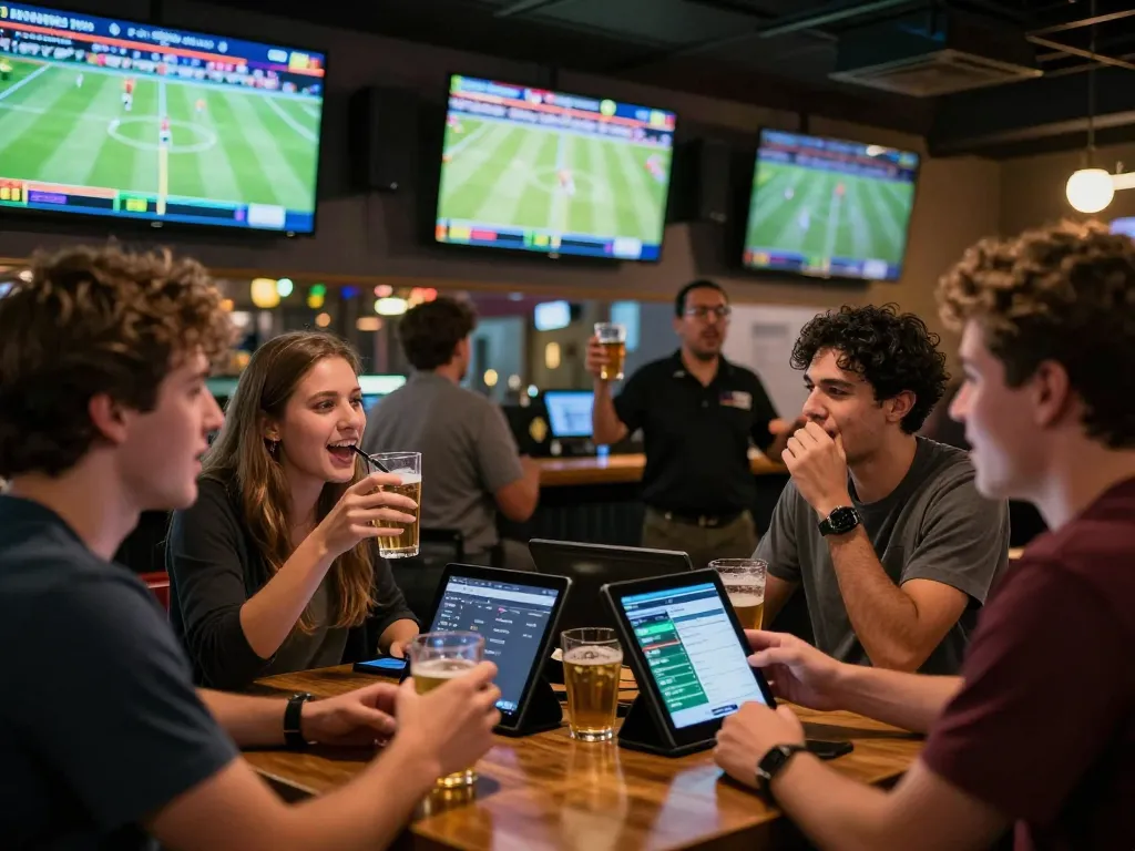 Engaged bettors using the lu88 app while cheering for their teams in a lively sports bar environment.