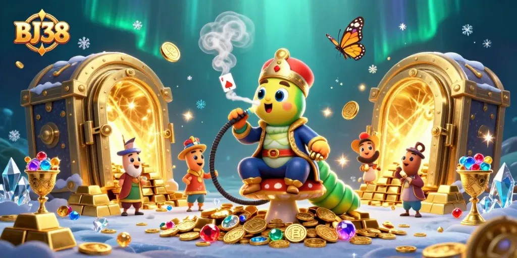Engage with BJ38 in the vibrant world of online gaming featuring a sultan caterpillar and casino treasures.