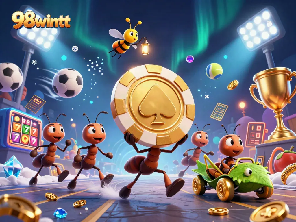 Experience the excitement as 98wintt ants execute a thrilling heist with a gigantic poker chip amidst an exhilarating casino atmosphere.