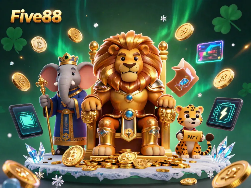 Engage in thrilling games at Five88, featuring a vibrant lion king, wise elephant, and speedy cheetah amidst rich casino elements.