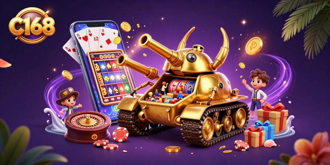 Engage in winning strategies at C168's virtual casino with golden beetle tanks and vibrant gaming elements.