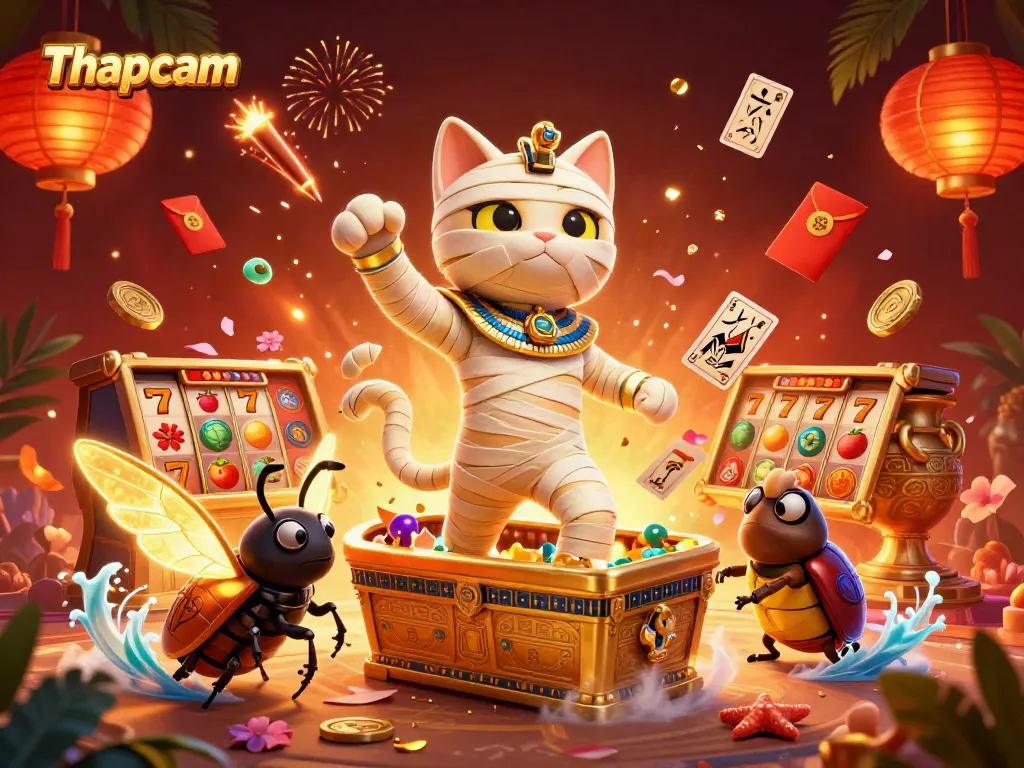 Bet on Thapcam with an exciting scene of a mummy cat in a vibrant casino atmosphere.