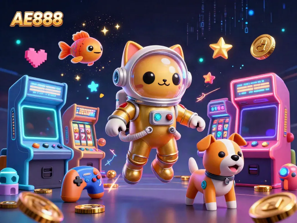 Experience the thrill of AE888 with a vibrant 3D casino scene featuring a golden space cat and a robot dog.