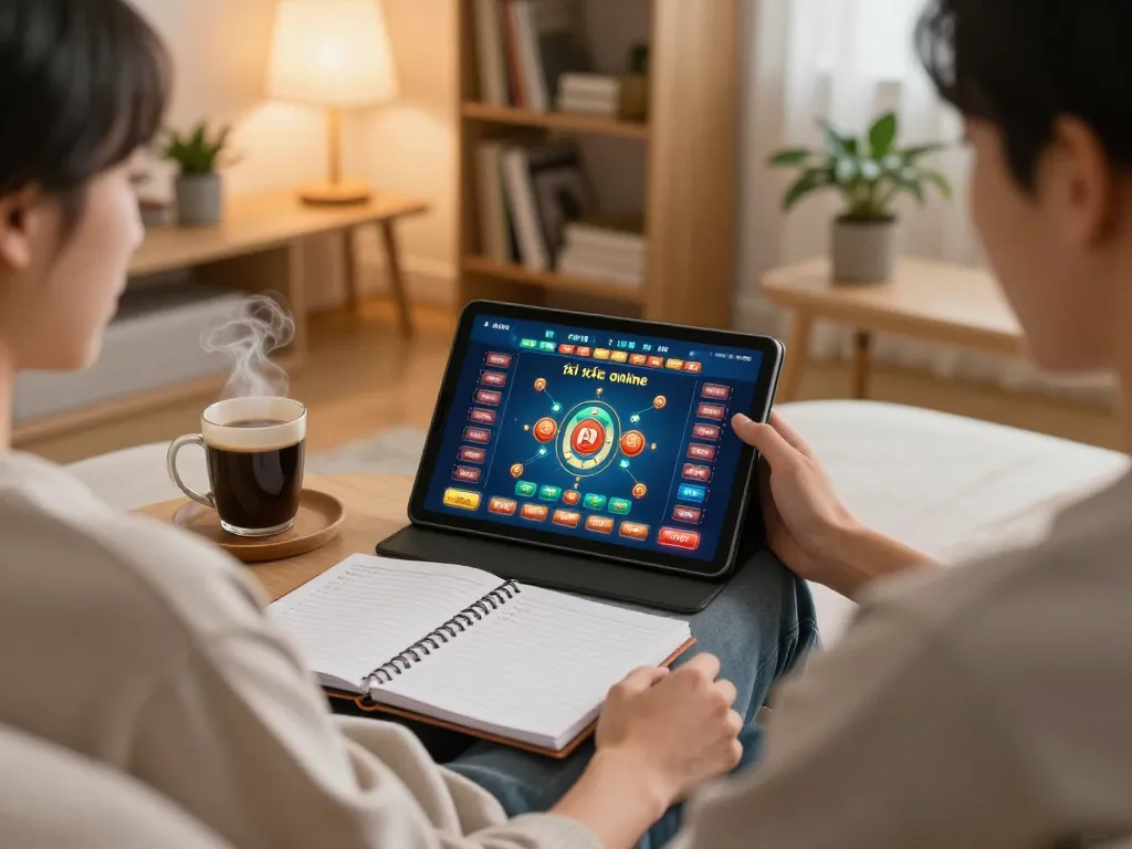 Engaging in tài xỉu online on a tablet with strategic notes in a cozy home setting.