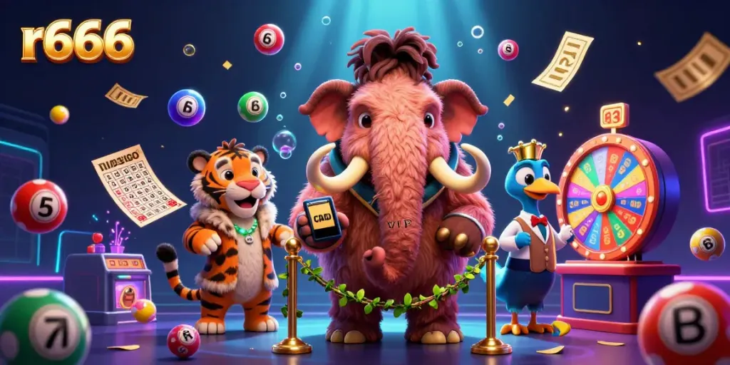 Experience the vibrant r666 casino scene with unique characters and dynamic lottery elements.