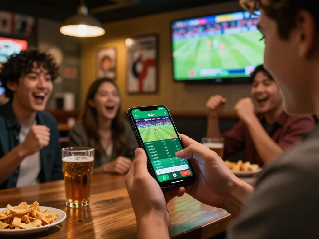 Sports bettor using soi kèo app for live odds at a bustling sports bar