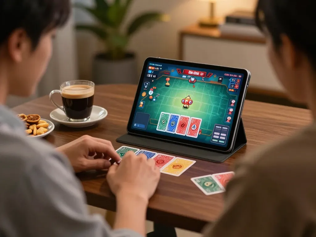 Engaging gameplay of game bài liêng on a tablet, showcasing strategy and excitement in a cozy setting.