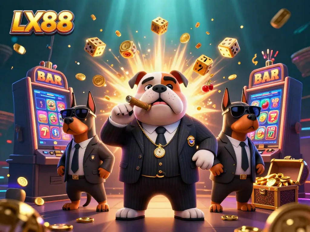 Experience an LX88 casino adventure with a mafia bulldog and Dobermans surrounded by jackpots and gaming excitement.