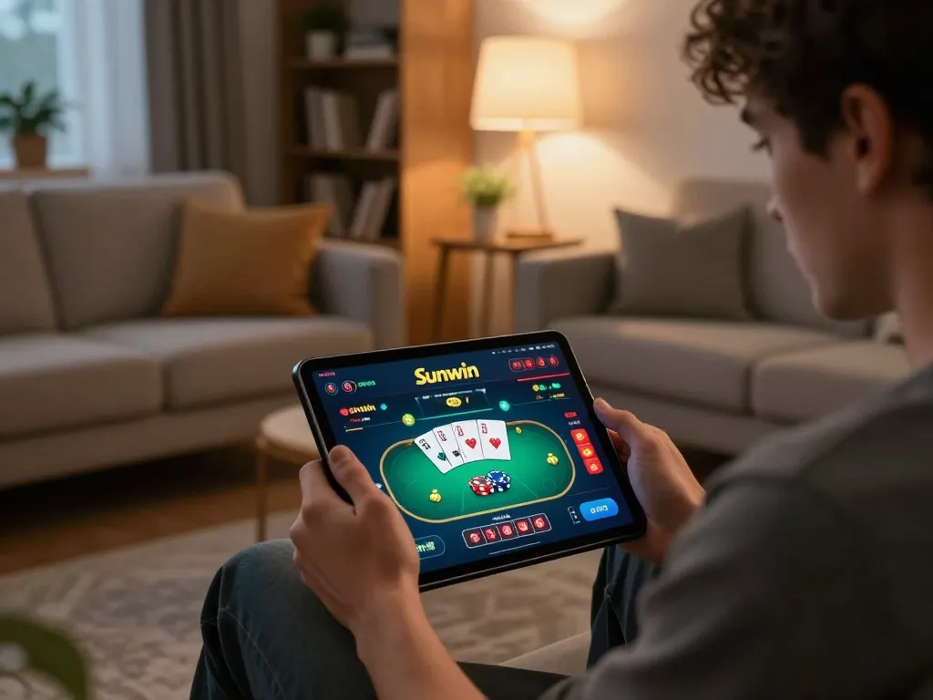 Engaging player using Sunwin app on tablet for a dynamic online gambling experience.