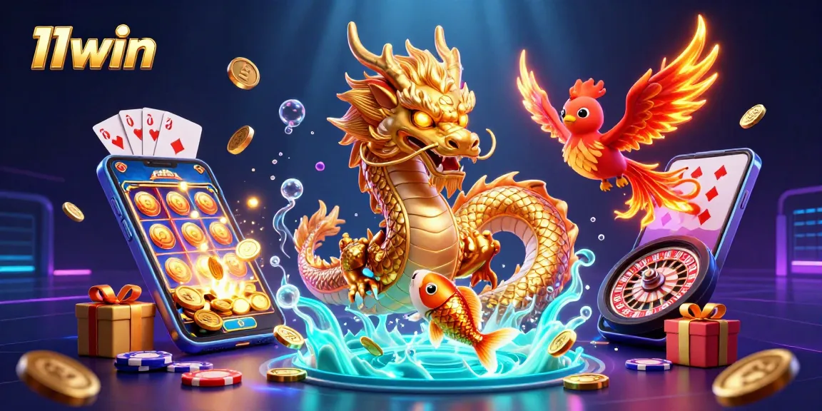 Experience thrilling wins with 11win, featuring a fierce dragon and vibrant casino elements.