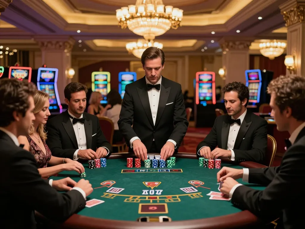 Kubet77 players engaged in an intense blackjack game at an upscale casino table, illustrating strategic bets and luxury.
