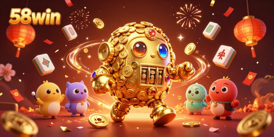 Experience the thrill of 58win's exciting gaming realm featuring a dynamic golden golem and cheerful casino elements.