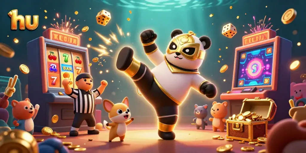 Experience excitement with hu in a vibrant 3D casino scene featuring a dynamic panda and animal crowd.