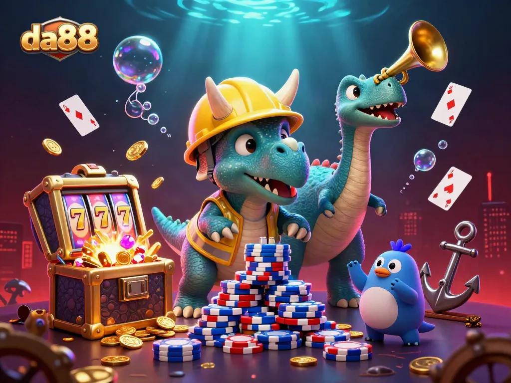 Experience thrilling gaming adventures with da88 as the triceratops builds a poker chip pyramid