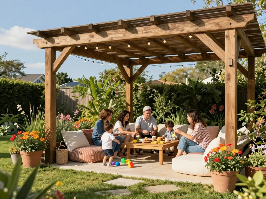 Family enjoying a sunny day under a pergola configurator-designed wooden structure in a lush garden.