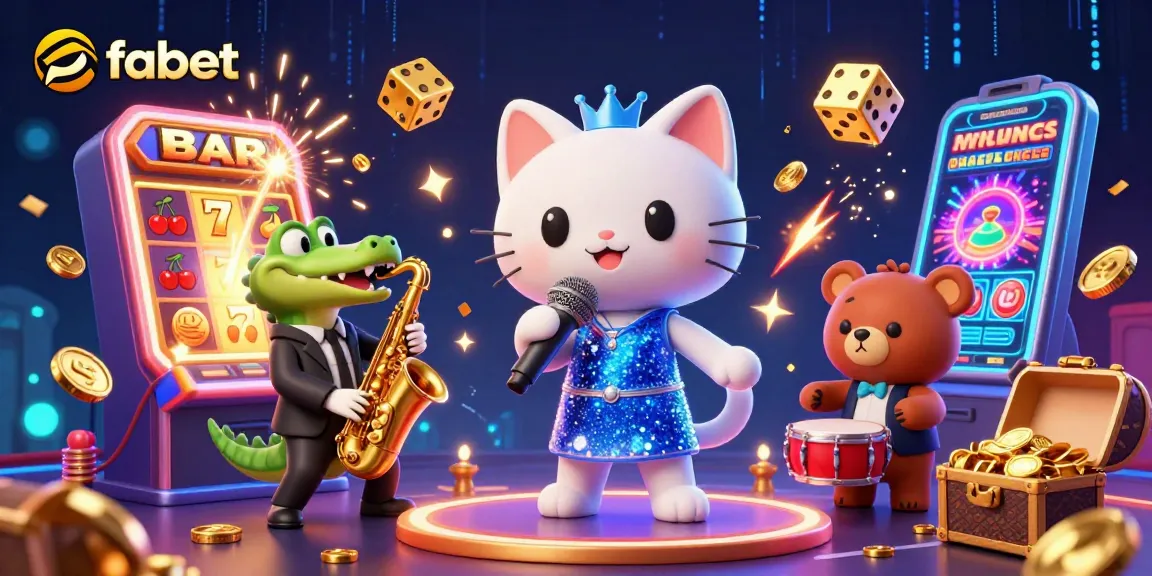 fabet jazz-singer cat performing on a vibrant casino stage with a crocodile and bear, showcasing excitement