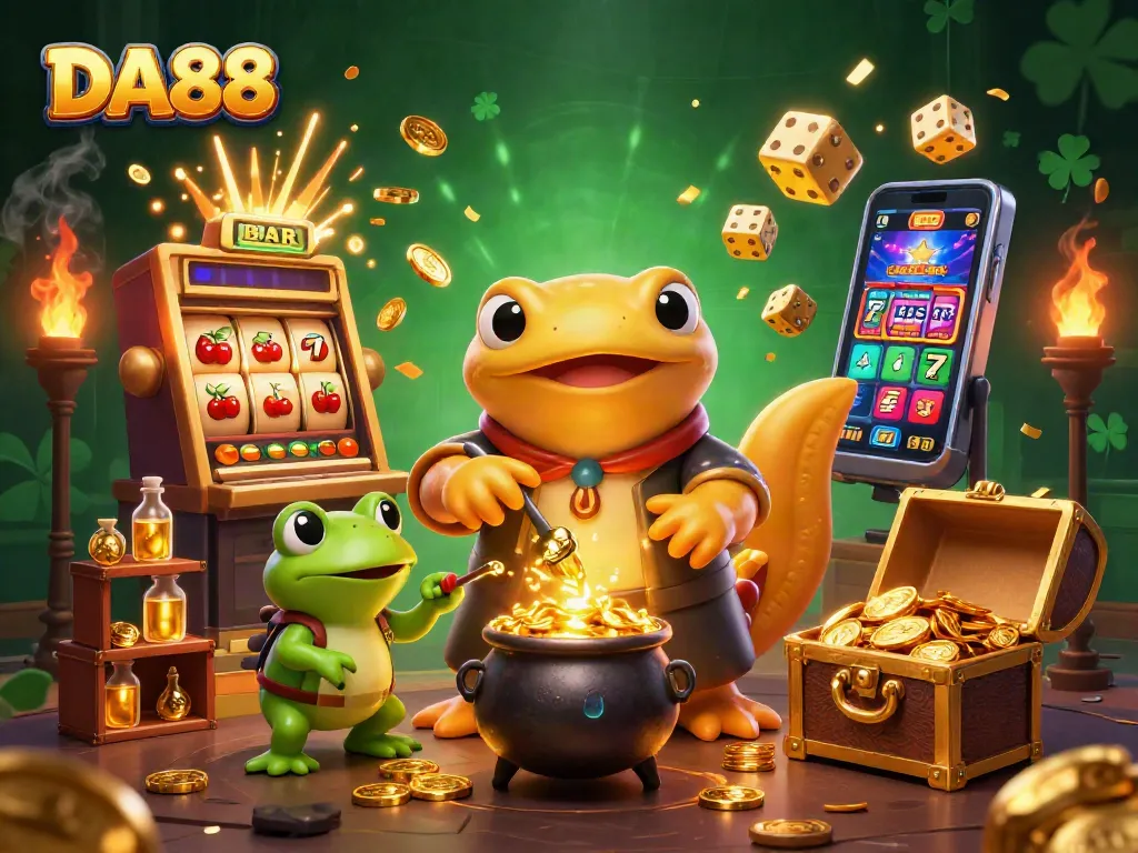 Win big at DA88 with captivating golden alchemist and dynamic casino elements in this vibrant 3D illustration.