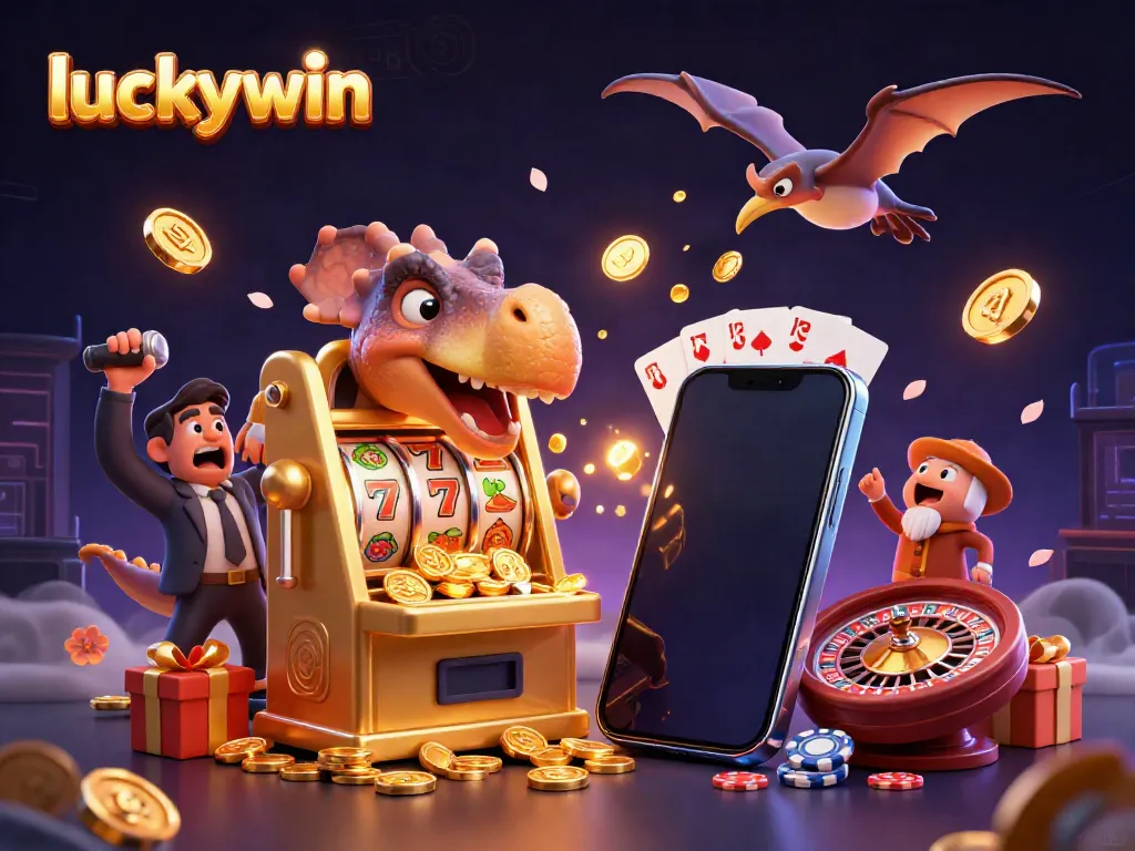 Luckywin - Cartoon dinosaurs create jackpots and catch coins in an exciting casino scene