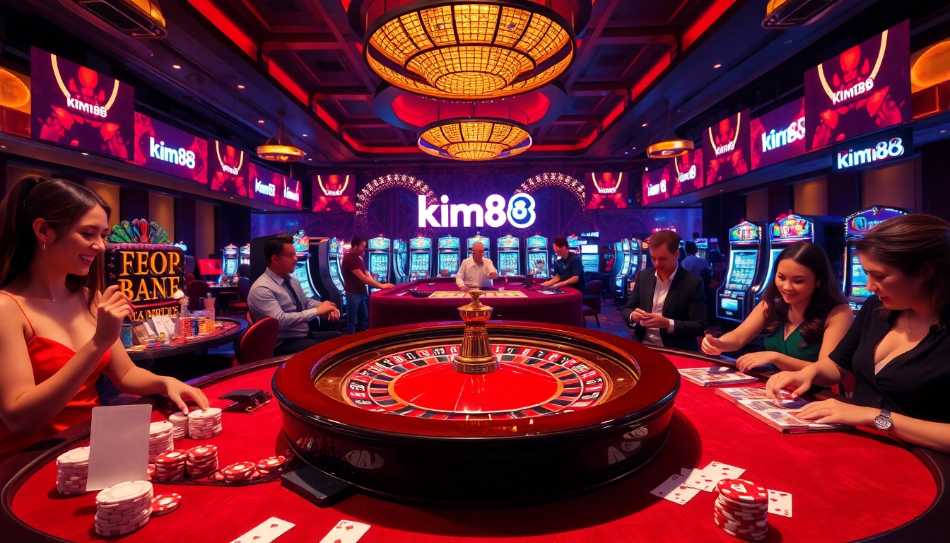 Experience thrilling action at kim88's vibrant casino with poker chips, cards, and roulette.