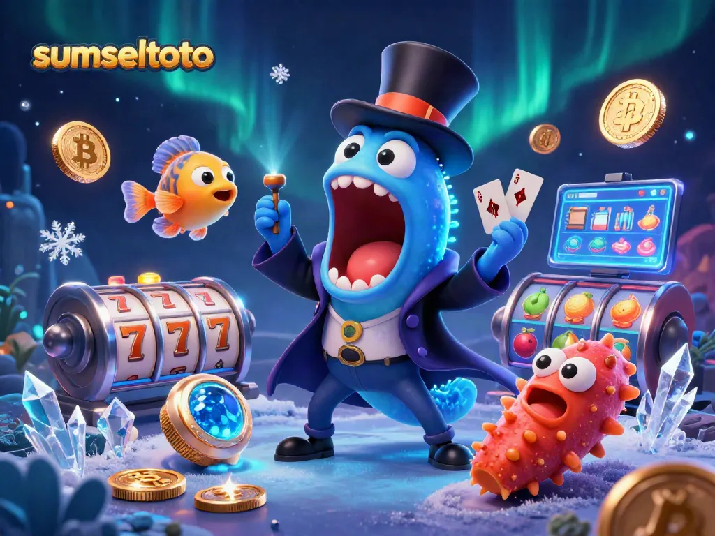 Engage with sumseltoto's vibrant casino scene featuring whimsical deep-sea characters and slot elements.