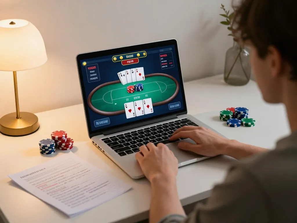 Players engage in online poker with 98win, showcasing strategy and excitement in a cozy home setting.