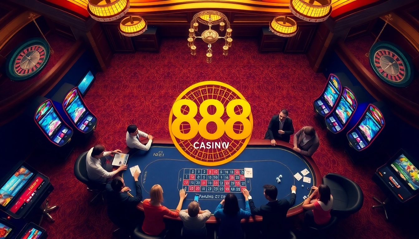 Engaging scene of Trang chủ 888NEW showcasing a luxurious online casino interface with roulette and poker.