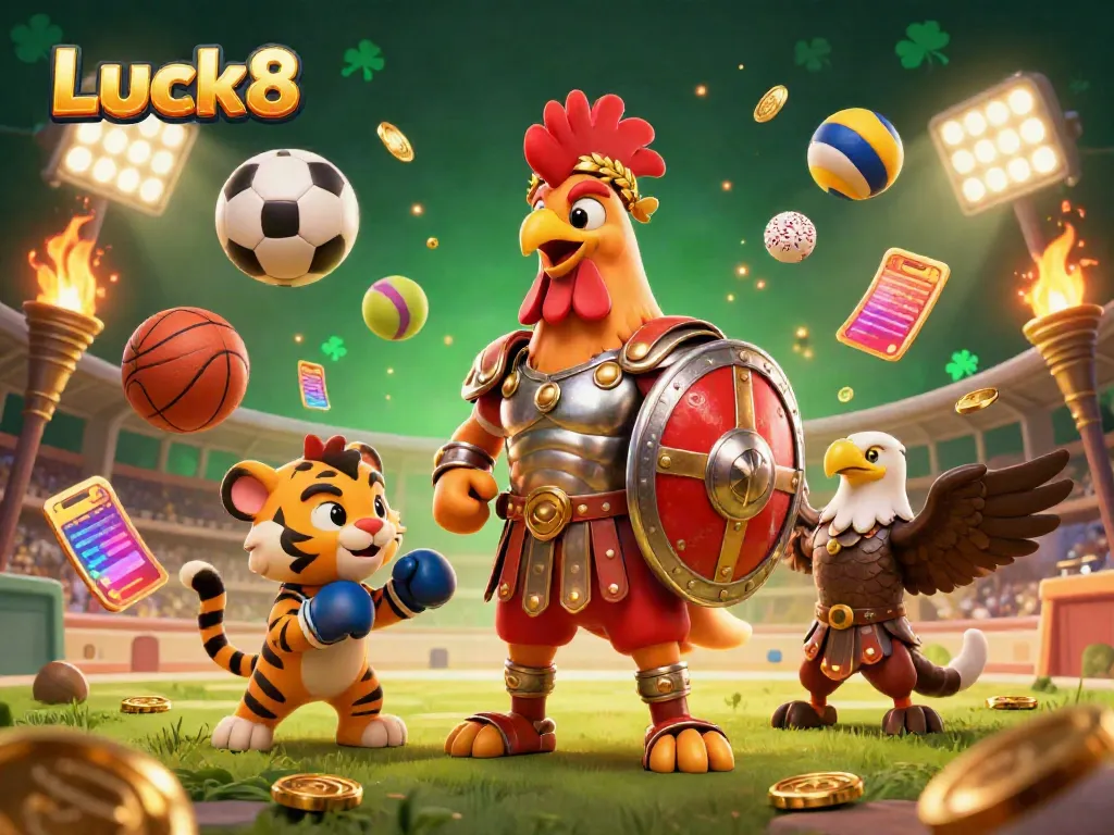 Luck8 showcases an interactive 3D gambling scene with a rooster warrior, sports elements, and a vibrant arena.