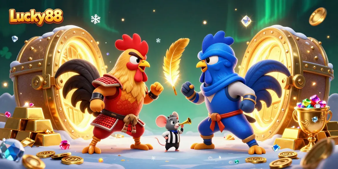 Engage with thrilling Lucky88 action as roosters duel in a vibrant casino atmosphere.