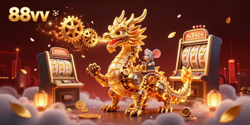 Experience the magic of 88vv with a golden dragon and vibrant casino elements in a dynamic 3D illustration.