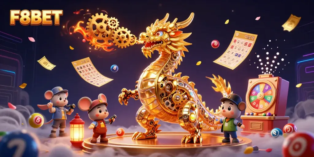 Engaging F8BET casino illustration showcasing vibrant game elements with a dynamic dragon character.
