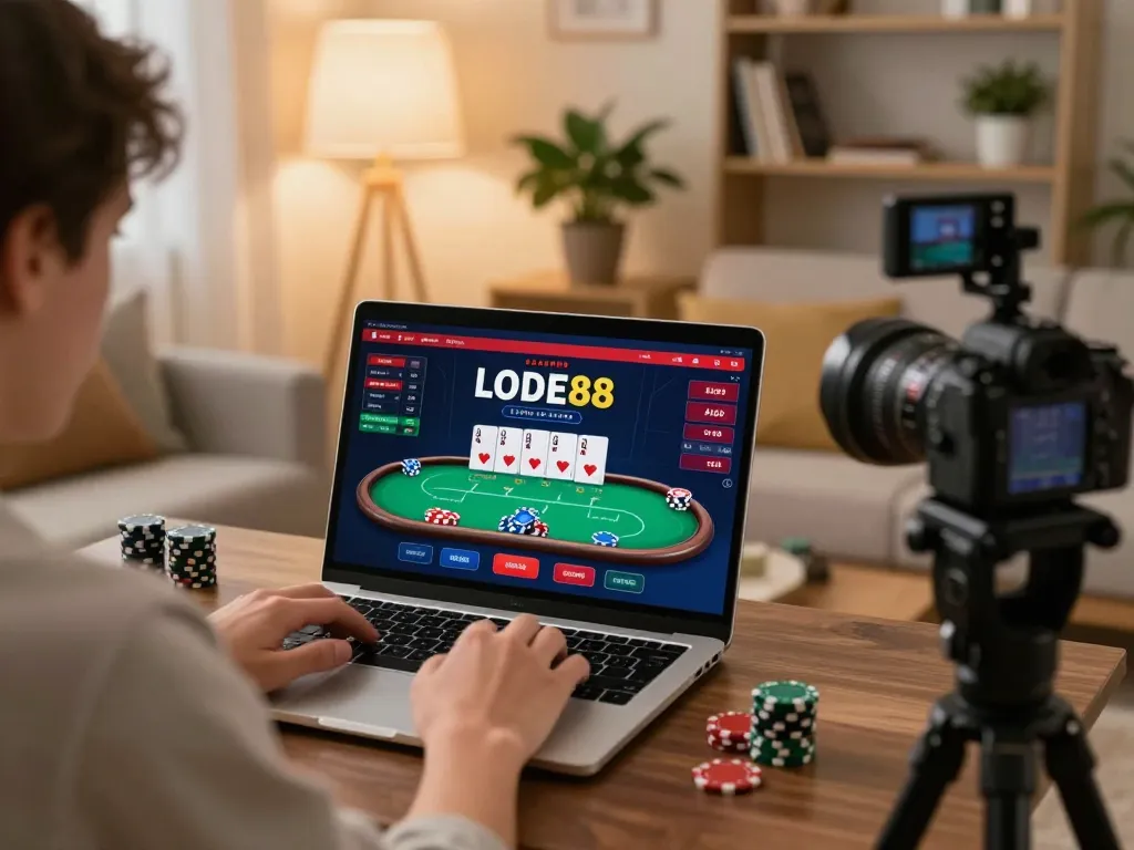 Experience LODE88 gaming through a laptop in a cozy home setting with poker cards displayed.