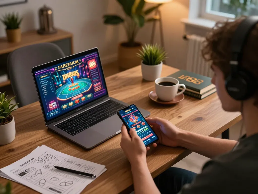 Engaging with DN88 casino app on smartphone in a cozy home setting, illustrating responsible gaming.