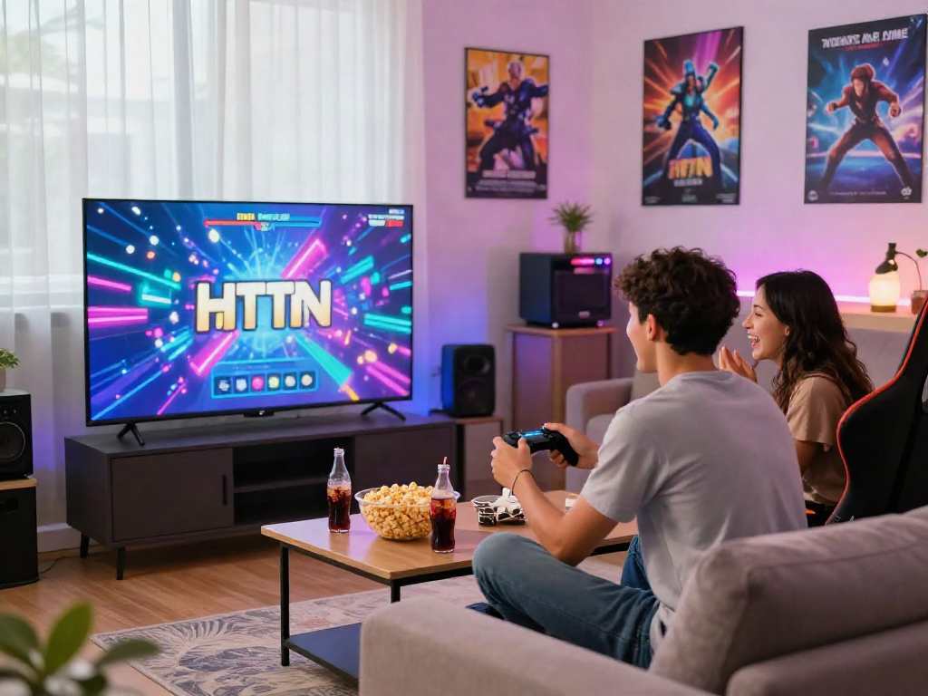 Young couple playing html porn games in cozy living room with colorful graphics and snacks.