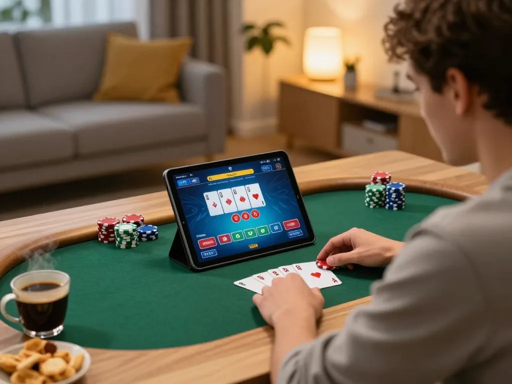 Player engaging in an exciting poker game on 8live, showcasing their cards during an at-home gaming session.
