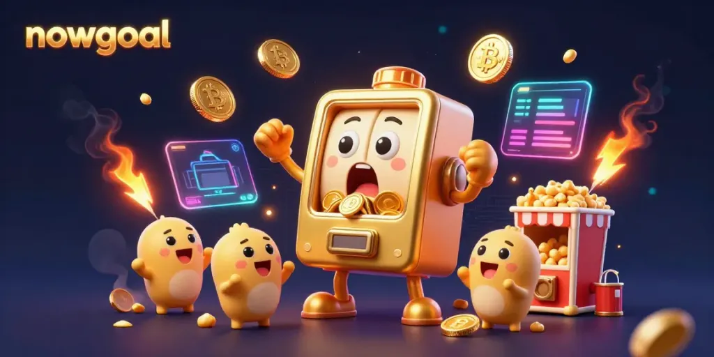 Nowgoal slot machine character celebrates a jackpot, surrounded by cheering machines and crypto coins.