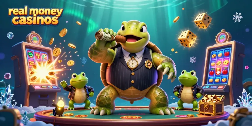 Experience thrilling real money casinos with a cartoon turtle mobster and bullfrog enforcers amidst casino game elements.