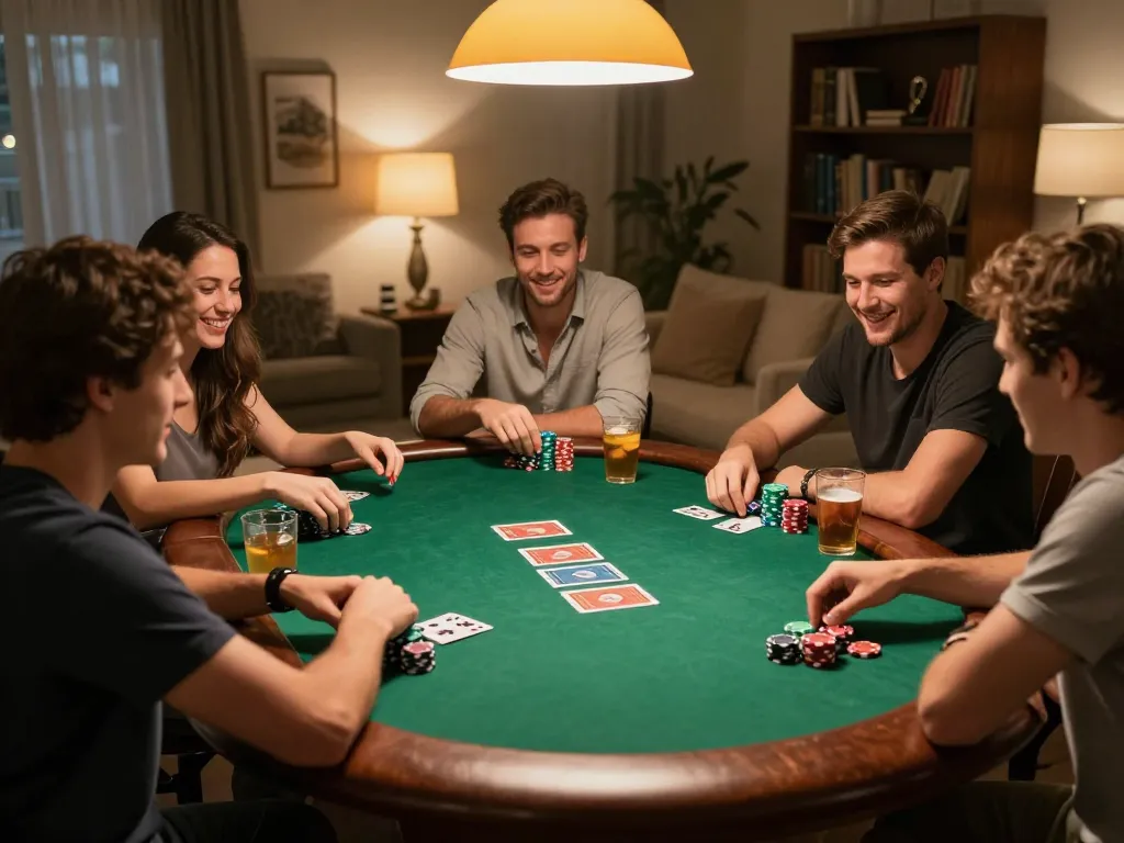 Friends enjoying a lively poker game at home, showcasing mb66 strategy and engaging gameplay.