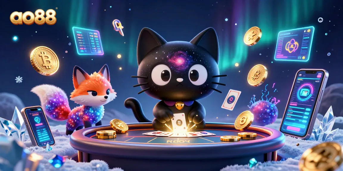 Engage in thrilling gaming at ao88 with a whimsical black hole cat and nebula fox in a cosmic casino.