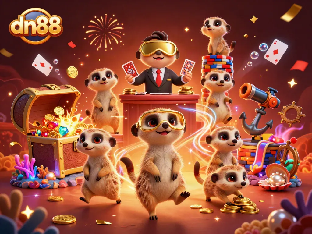 Experience excitement at dn88 with meerkats running a dynamic casino scene filled with treasures and festive elements.
