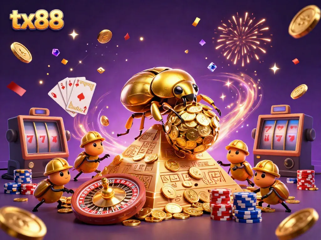 Experience the excitement of tx88, where golden coins cascade as insects build a pyramid of riches in a vibrant casino scene.