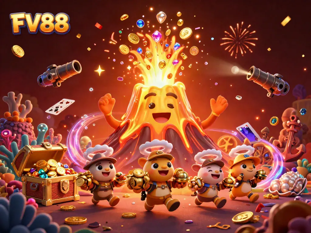 Experience exhilarating wins at FV88 with a vibrant scene of golden treasures flowing from a volcano.